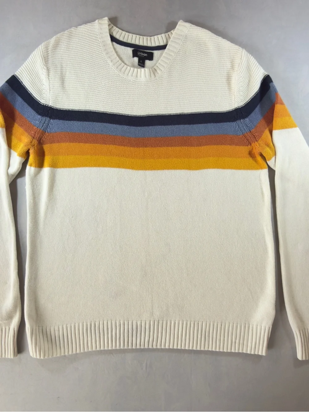 Club Room Cream Crewneck Sweater with Sunset Stripe Detail